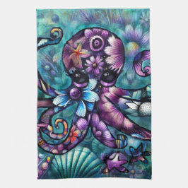 Whimsical Octopus Floral Blauwgroen Paarse Blauwe Theedoek