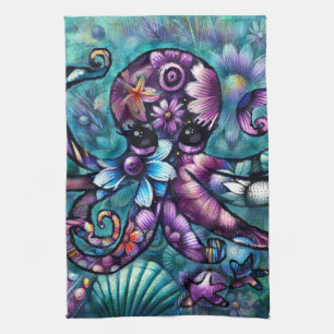 Whimsical Octopus Floral Blauwgroen Paarse Blauwe  Theedoek