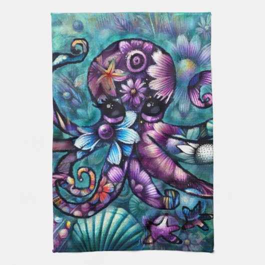 Whimsical Octopus Floral Blauwgroen Paarse Blauwe Theedoek (Verticaal)