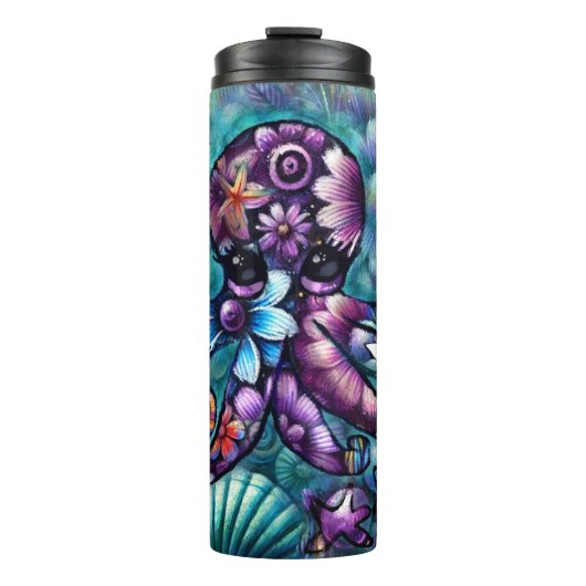 Whimsical Octopus Floral Blauwgroen Paarse Blauwe  Thermosbeker (Voorkant)