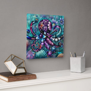 Whimsical Octopus Floral Blauwgroen Paarse Blauwe  Vierkante Klok