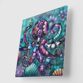 Whimsical Octopus Floral Blauwgroen Paarse Blauwe Vierkante Klok (Hoek)