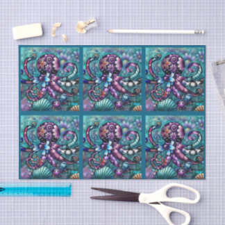 Whimsical Octopus Floral Teal Coastal Decoupage Tissuepapier
