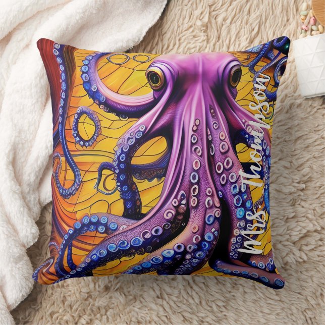 Whimsical Octopus met persoonlijke naam Kussen (Deken)