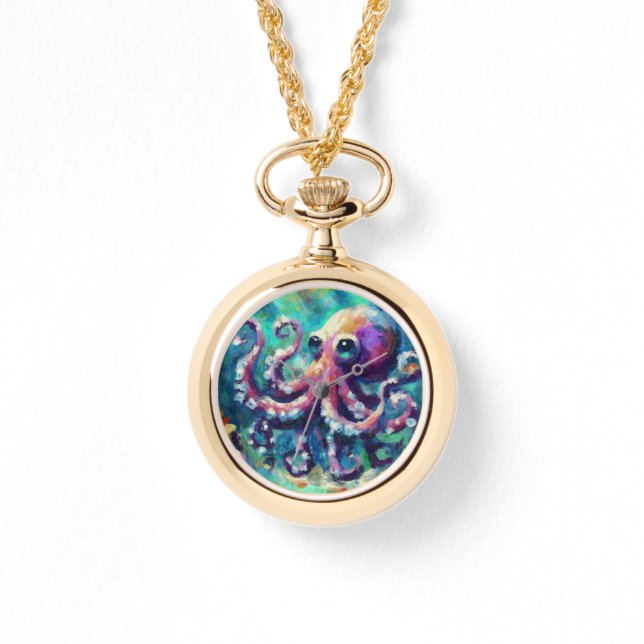 Whimsical Octopus Olieverfschilderij Nautisch Stra Horloge (Voorkant)