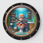 Whimsical Octopus on Toilet Clock Funny Grote Klok (Voorkant)