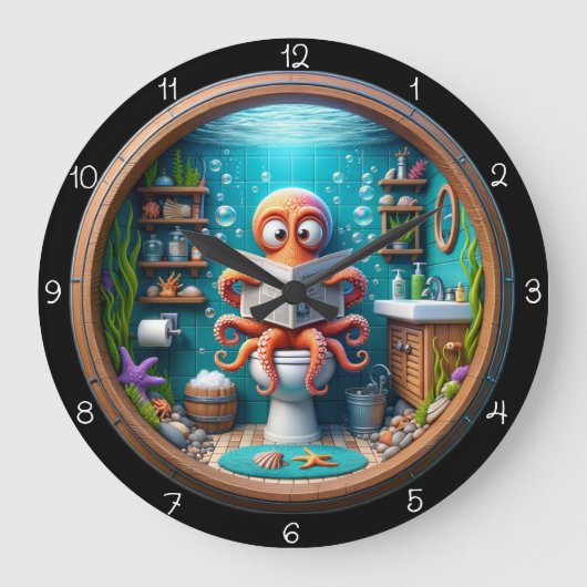Whimsical Octopus on Toilet Clock Funny Grote Klok (Voorkant)