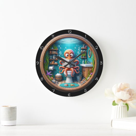 Whimsical Octopus on Toilet Clock Funny Grote Klok (Huis)