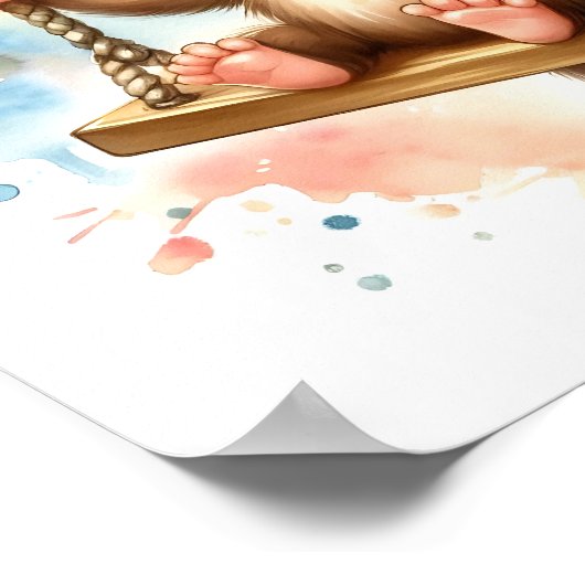 Whimsical Oerwoud Baby Monkey Nursery Waterverf Poster (Hoek)