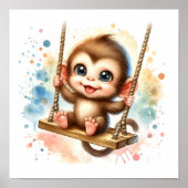 Whimsical Oerwoud Baby Monkey Nursery Waterverf Poster (Voorkant)