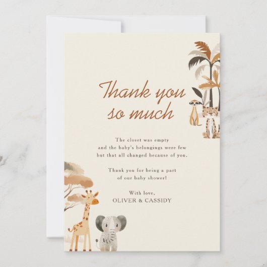 Whimsical Oerwoud Safari Dieren Jongen Baby shower Bedankkaart (Voorkant)