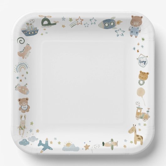 Whimsical Oh Boy Waterverf Doodle Baby shower Papieren Bordje (Voorkant)