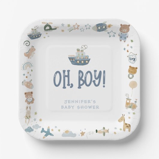 Whimsical Oh Boy Waterverf Doodle Baby shower Papieren Bordje (Voorkant)
