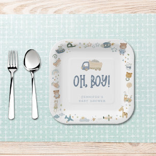 Whimsical Oh Boy Waterverf Doodle Baby shower Papieren Bordje