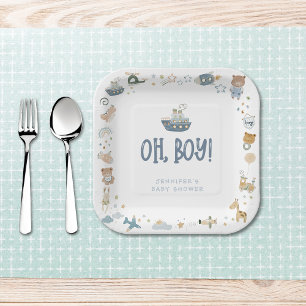 Whimsical Oh Boy Waterverf Doodle Baby shower Papieren Bordje