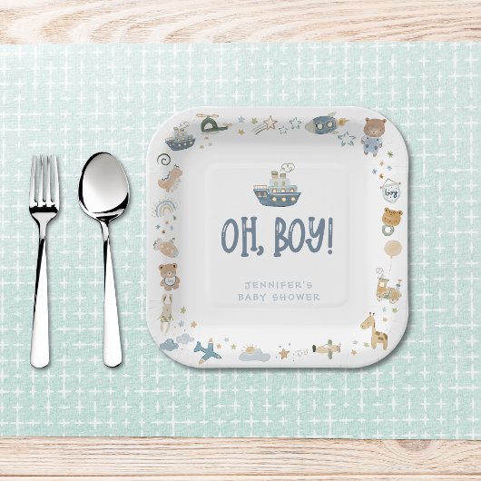 Whimsical Oh Boy Waterverf Doodle Baby shower Papieren Bordje