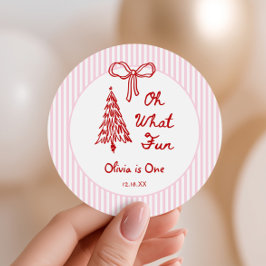 Whimsical Oh What Fun Girl 1st Birthday Party Ronde Sticker