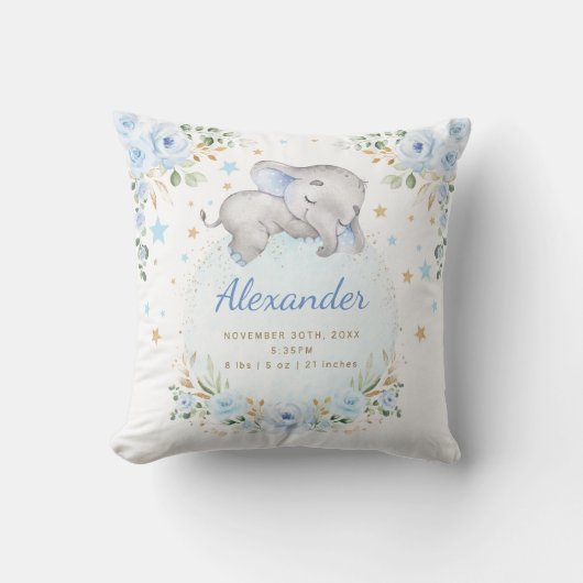 Whimsical Olifant Blauw Goud Bloemen Twinkle Sterr Kussen (Voorkant)