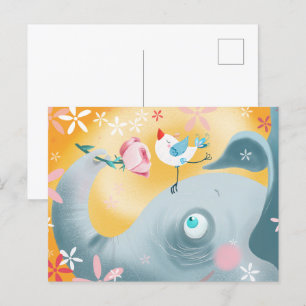 Whimsical Olifant en Vogel Briefkaart