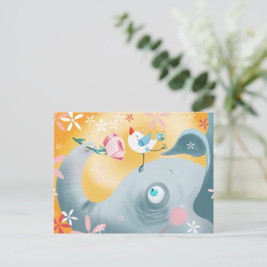 Whimsical Olifant en Vogel Briefkaart (Staand voorkant)