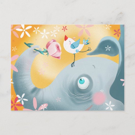 Whimsical Olifant en Vogel Briefkaart (Voorkant)
