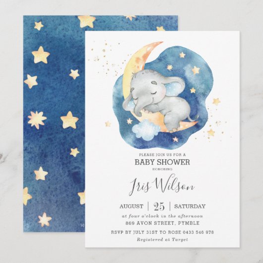 Whimsical Olifant Twinkle Star Baby shower Boy Kaart (Voorkant / Achterkant)