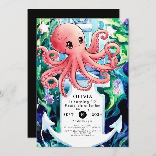 Whimsical Onder het Zee Octopus Verjaardag Kaart (Voorkant / Achterkant)