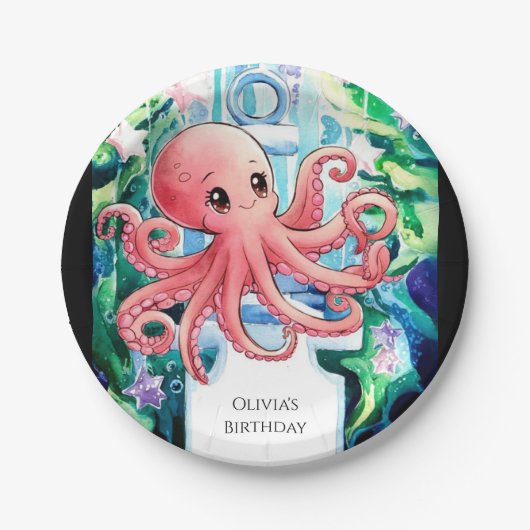 Whimsical Onder het Zee Octopus Verjaardag Papieren Bordje (Voorkant)