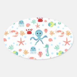 Whimsical onderwater zeedieren ovale sticker