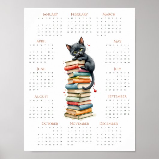 Whimsical One-Page 2026 Cat & Book Stack Calendar Poster (Voorkant)