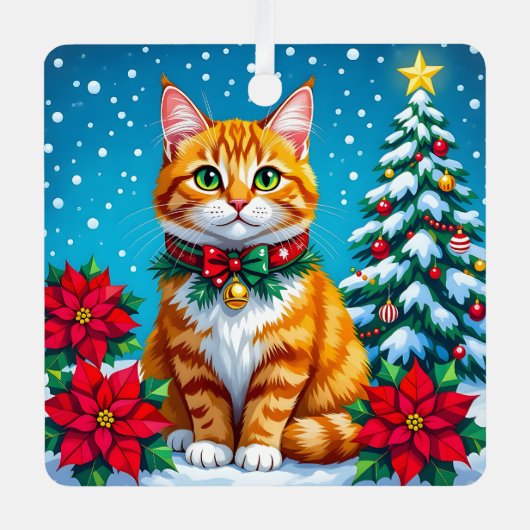 Whimsical Orange Cat and Custom Message Christmas Metalen Ornament (Voorkant)
