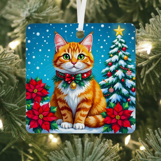 Whimsical Orange Cat and Custom Message Christmas Metalen Ornament (Insitu)