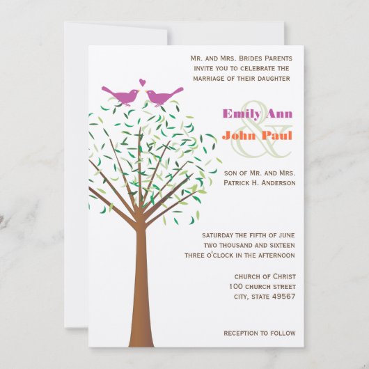 Whimsical Oranje and Fuchsia Love Bird Tree Invite Kaart (Voorkant)
