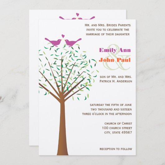 Whimsical Oranje and Fuchsia Love Bird Tree Invite Kaart (Voorkant / Achterkant)