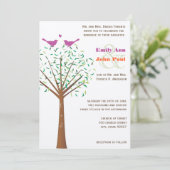 Whimsical Oranje and Fuchsia Love Bird Tree Invite Kaart (Staand voorkant)