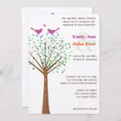 Whimsical Oranje and Fuchsia Love Bird Tree Invite Kaart (Voorkant / Achterkant)