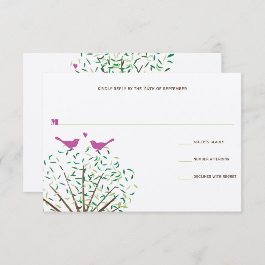 Whimsical Oranje and Fuchsia Love Bird Tree RSVP (Voorkant / Achterkant)