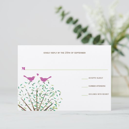 Whimsical Oranje and Fuchsia Love Bird Tree RSVP (Staand voorkant)