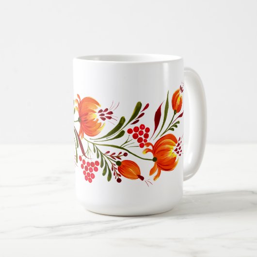 Whimsical oranje bloemen mok (Voorkant rechts)