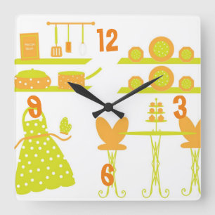 Whimsical Oranje en Green Kitchen Wall Clock Vierkante Klok