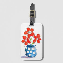Whimsical Oranje Flowers in Blue Vase Bagagelabel