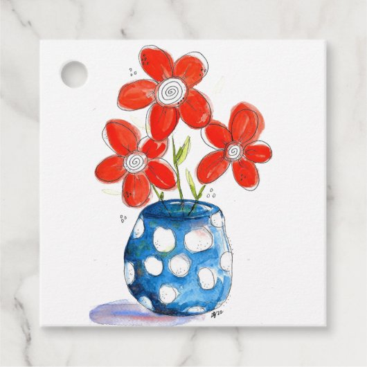 Whimsical Oranje Flowers in Blue Vase Bedankjes Labels (Voorkant)