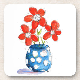 Whimsical Oranje Flowers in Blue Vase Bier Onderzetter