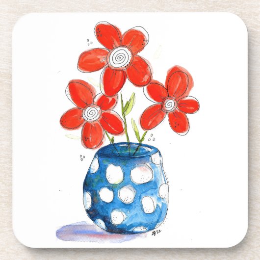 Whimsical Oranje Flowers in Blue Vase Bier Onderzetter (Voorkant)