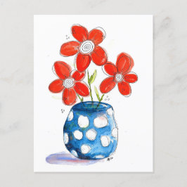 Whimsical Oranje Flowers in Blue Vase Briefkaart