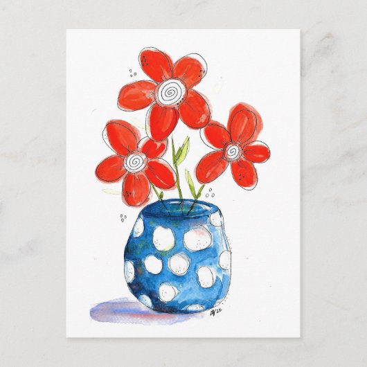 Whimsical Oranje Flowers in Blue Vase Briefkaart (Voorkant)