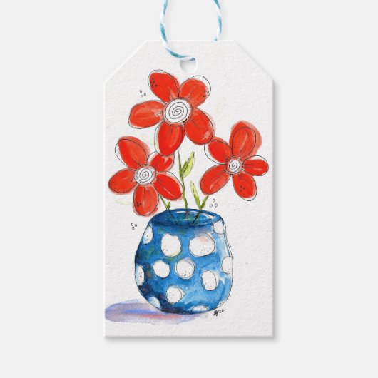 Whimsical Oranje Flowers in Blue Vase Cadeaulabel (Voorkant)