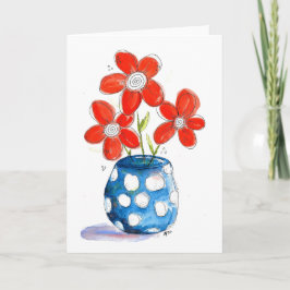 Whimsical Oranje Flowers in Blue Vase Kaart