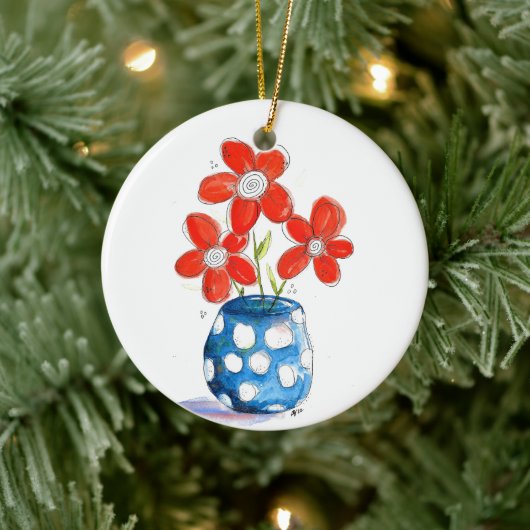 Whimsical Oranje Flowers in Blue Vase Keramisch Ornament (Boom)