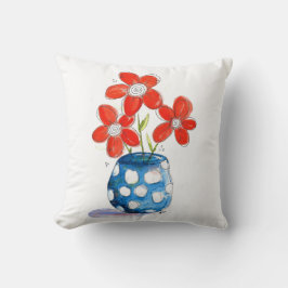 Whimsical Oranje Flowers in Blue Vase Kussen